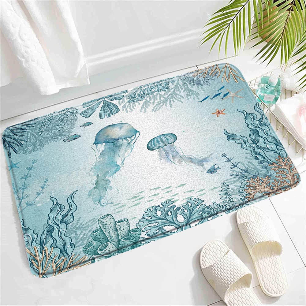 Beach Jellyfish Bath Mat,Watercolor Nautical Teal Jellyfishes Coastal Starfish Coral Sea Animal Ocean Cartoon Rugs Non-Slip Bathroom Mat Rug Bath Mats