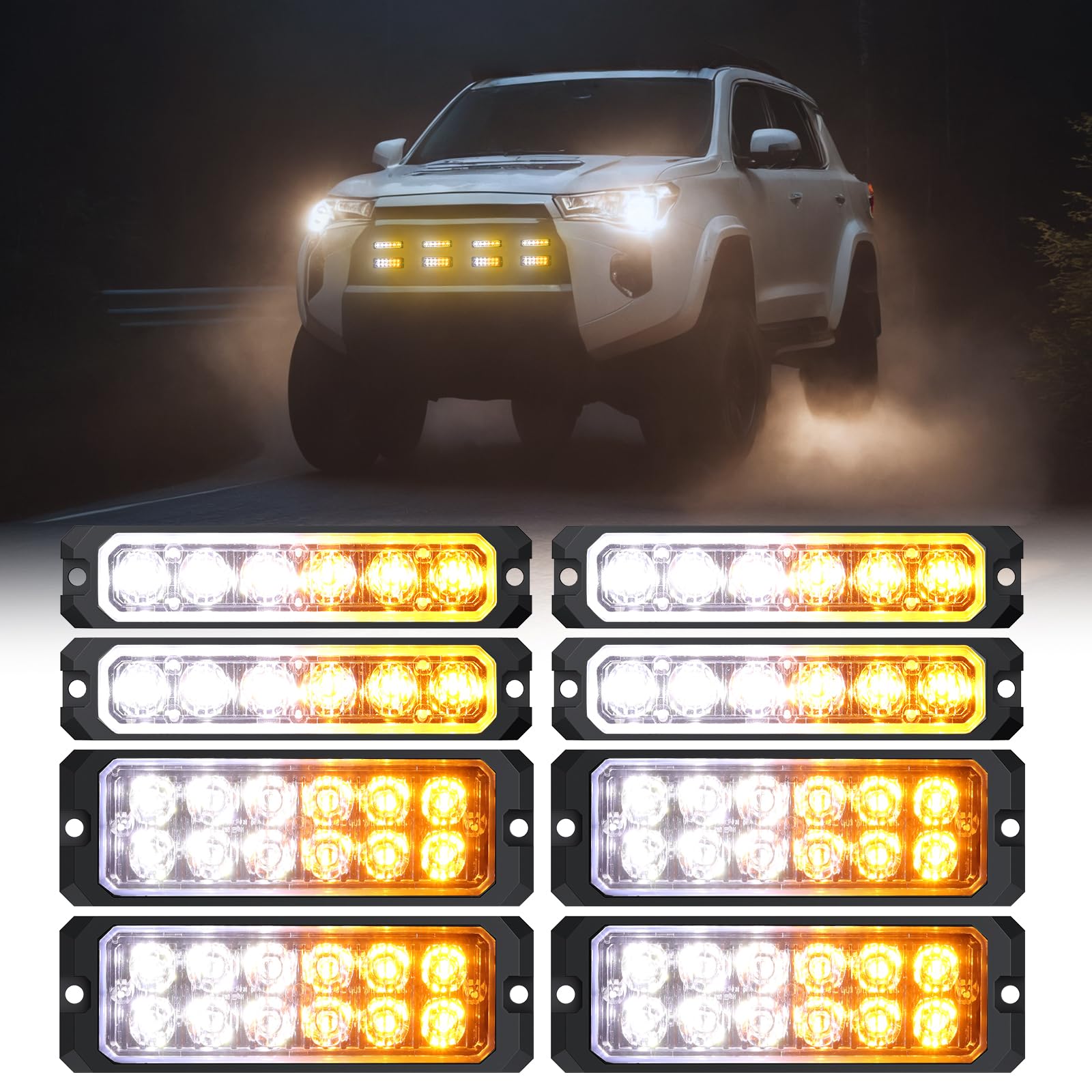 AUTOUTLET 8pcs Warning Strobe Lights, 6/12 Amber & White Emergency Vehicle Lights, 14 Flash Modes & Easy Install for TRUCKS, LORRYS, TRACTORS, FORKLIFT etc