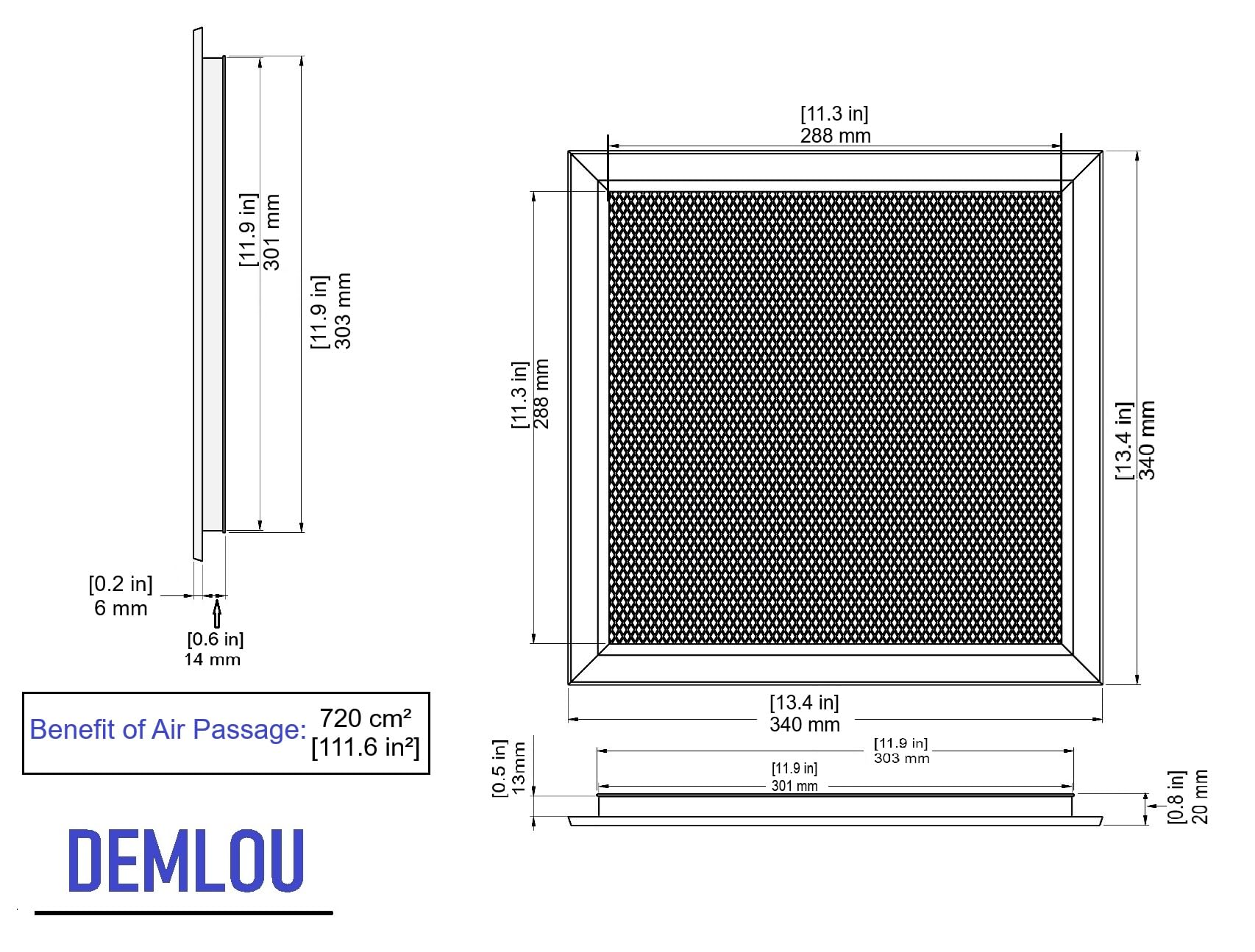 Griglia di Ventilazione 30x30 cm Quadrata in Alluminio Perforato Nero RAL9005 – Diffusore Aria Calda Interno/Esterno con Rete Protettiva Verniciata a Polvere.