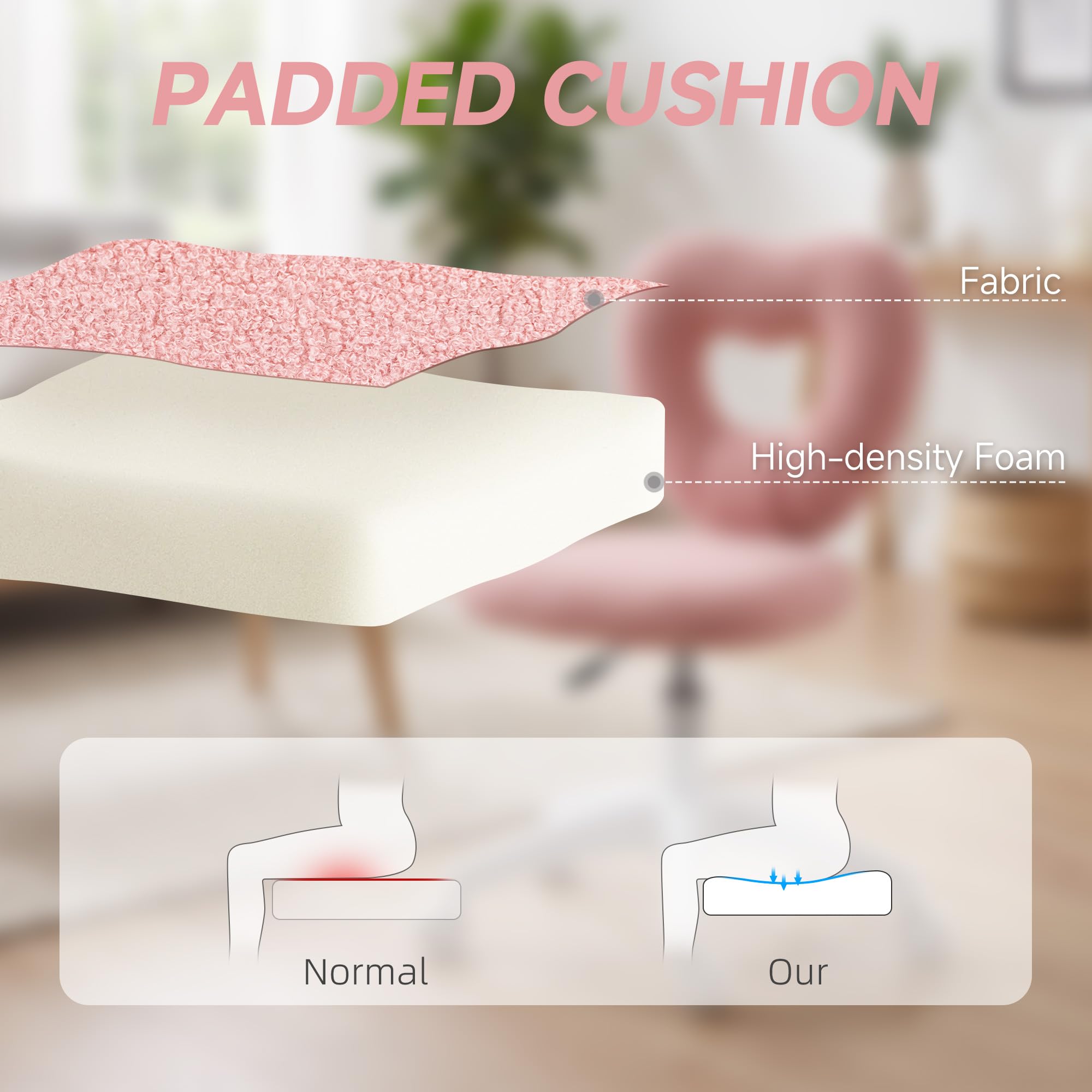 HOMCOM Chaise de Bureau sans accoudoirs, réglable en Hauteur, Rose