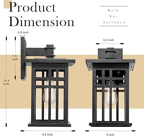 Miniatura 6 de zeyu 20068B-L BK - Lámpara de pared exterior de 16 pulgadas para casa de patio, aluminio fundido a presión con vidrio transparente, acabado negro,