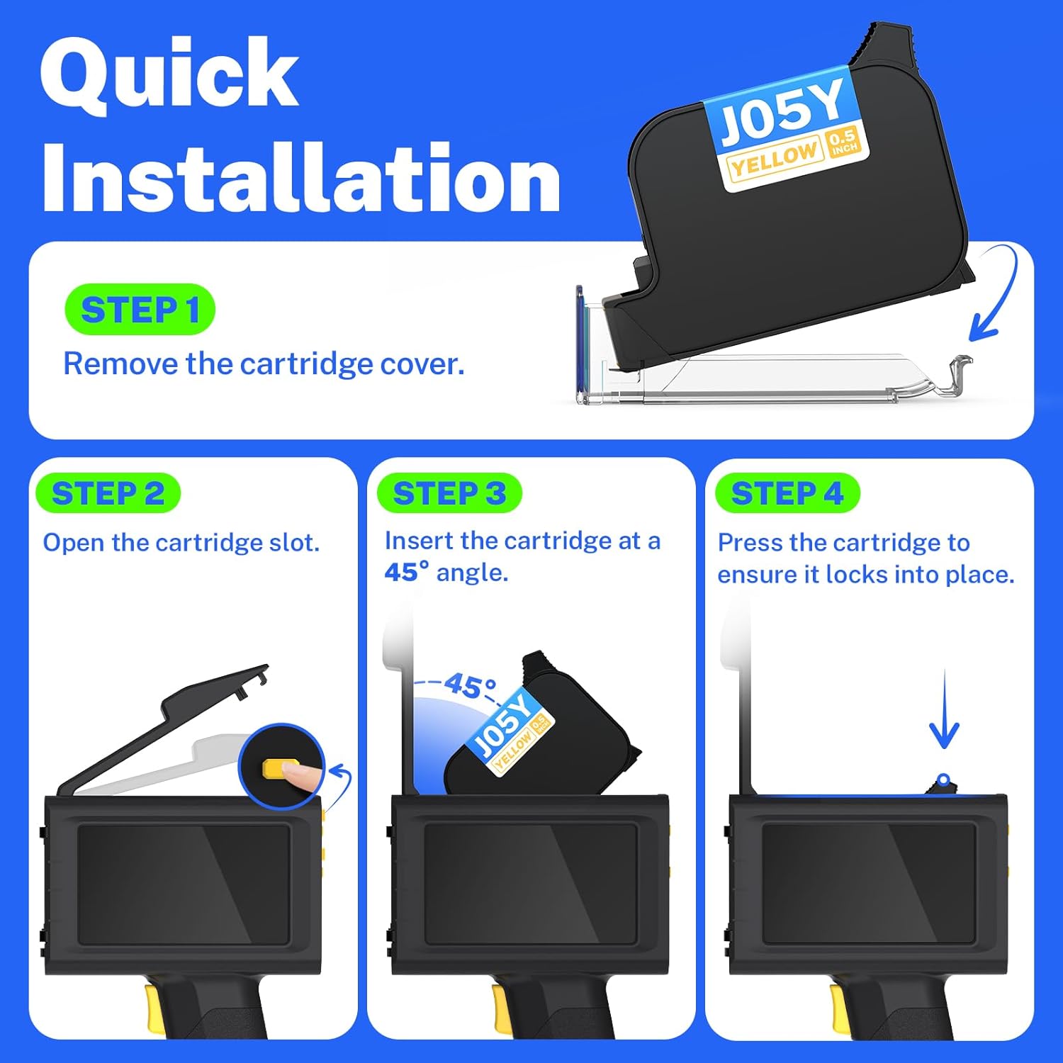 Fast Dry Yellow Ink Cartridge for Handheld Inkjet Printer with 0.5 Inches Print Height Use on Plastic Wood Carton Cable Metal Fabric Glass