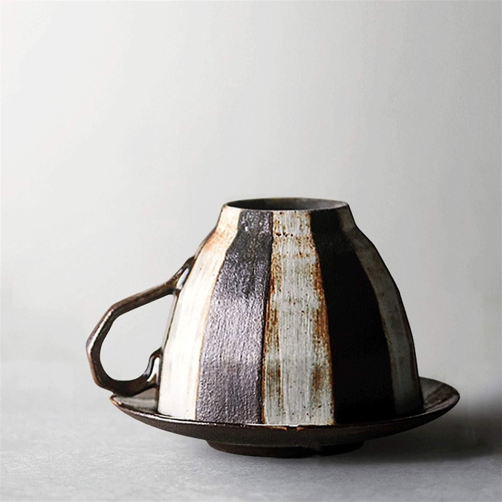Taza de café, Taza de té, Taza de café y platillo de gres clásico a Rayas, Taza de té para el hogar, Taza de café de Arte Retro, Hecha a Mano