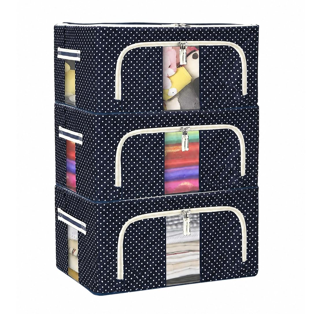 FLYNGO Foldable Steel Frame Clothes Organizer Storage Box for Wardrobe, Saree, Shirts, and Blankets (24 Ltr - Pack of 3)