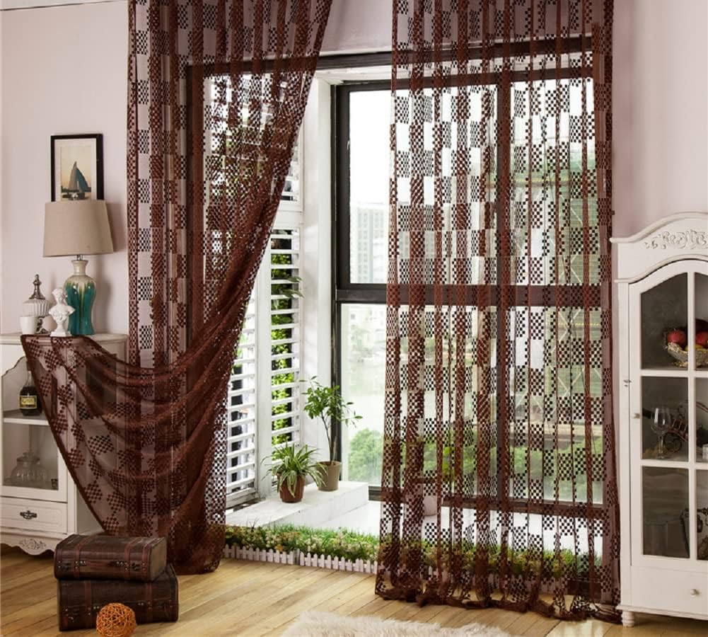New Jacquard Hollow Grid Luxury Design Sheer Curtains Window Treatment for Living Kids Nursery Room Bedroom(1 Panel, W 50 x L 102 inch, Brown)