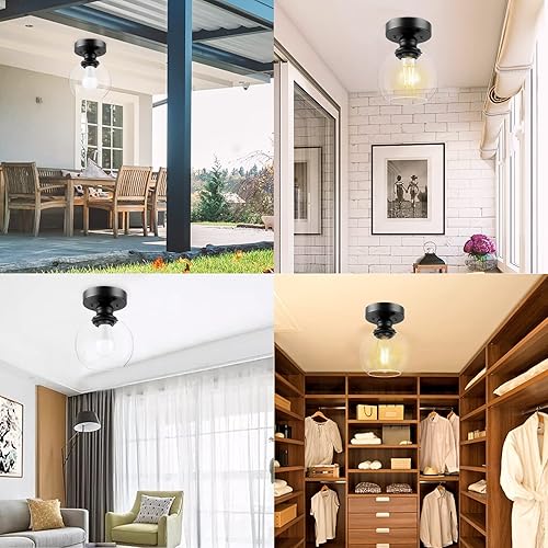 Miniatura 8 de Industrial Semi Flush Mount Ceiling Light, Vintage Hanging Ceiling Lamp, Clear Glass Pendant Lamp Shade, Farmhouse Light Fixture for Porch Hallway