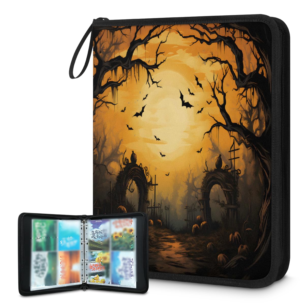 Classeur pour cartes à collectionner - 4 poches - Motif chauve-souris - Pour Halloween - Avec pochettes amovibles - Étanche - Avec fermeture éclair - Capacité de 50 pages et 400 cartes