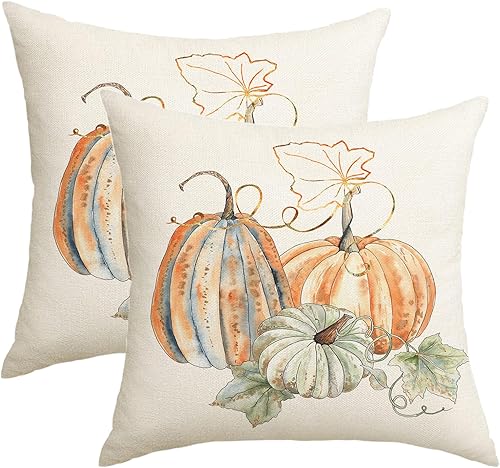 Juego de 2 fundas de almohada de calabaza blanca de 18 x 18 pulgadas, para decoración de otoño, para exteriores, color verde azulado, naranja, gris,
