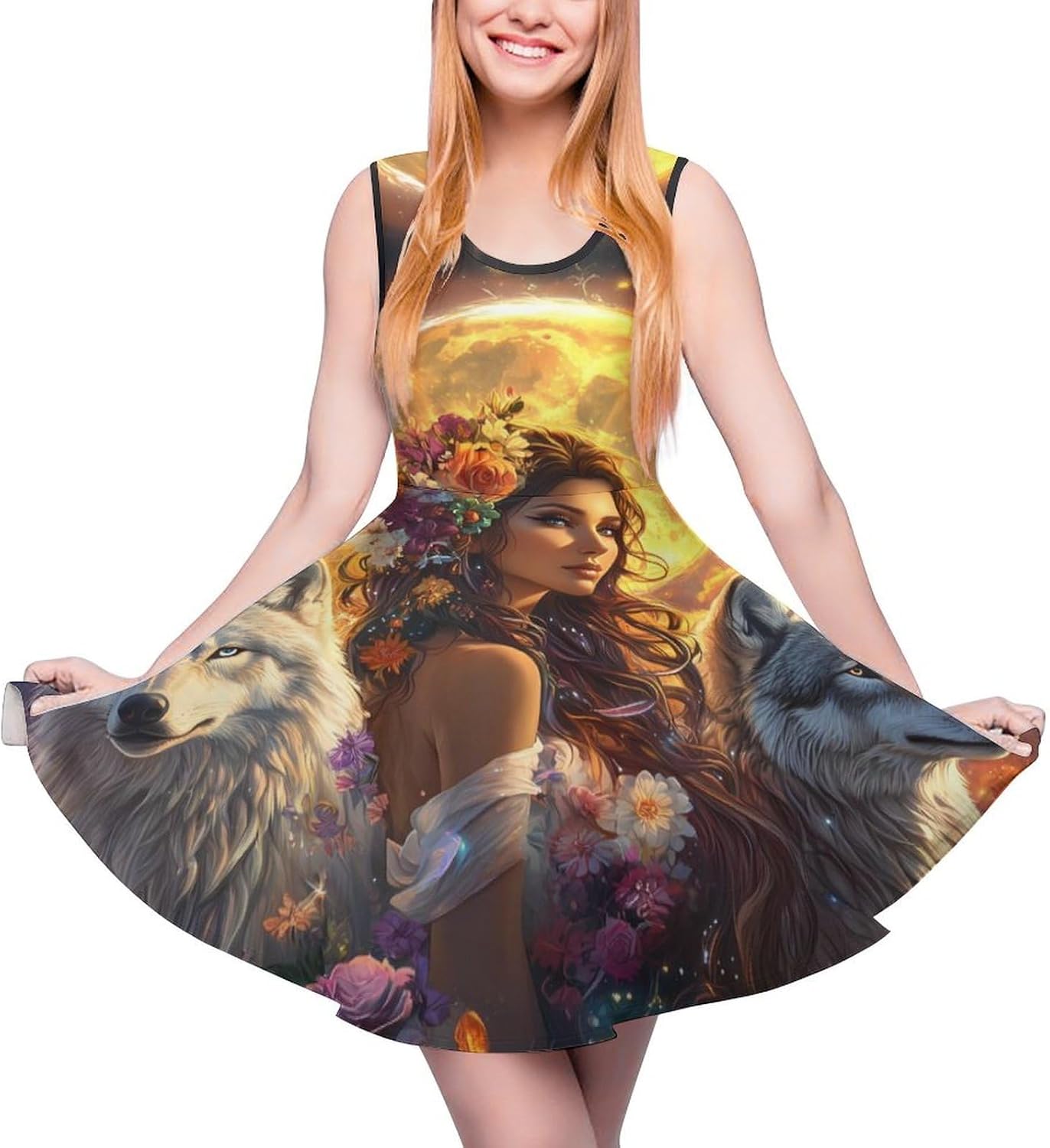 Woman with Wolf Women's Dresses Round Neck Dress Sleeveless Tank Dress Ruffle Hem Sundress