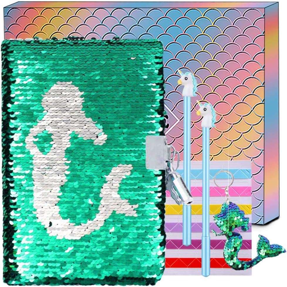 XGATML Sequin Notebook Girls Secret Diary Journal and Pens Writing Stationery Set Lockable Notepad with Sequin Keychain Birthday Christmas for Girls Kids (Mermaid)