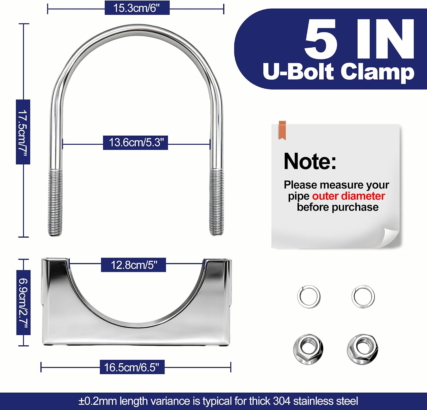 5 Inch U Bolt Exhaust Clamp Heavy Duty, 304 Stainless Steel 5" U Muffler Clamps, Spot-welded Gussets Saddle Design Muffler Pipe Connector(2PCS)