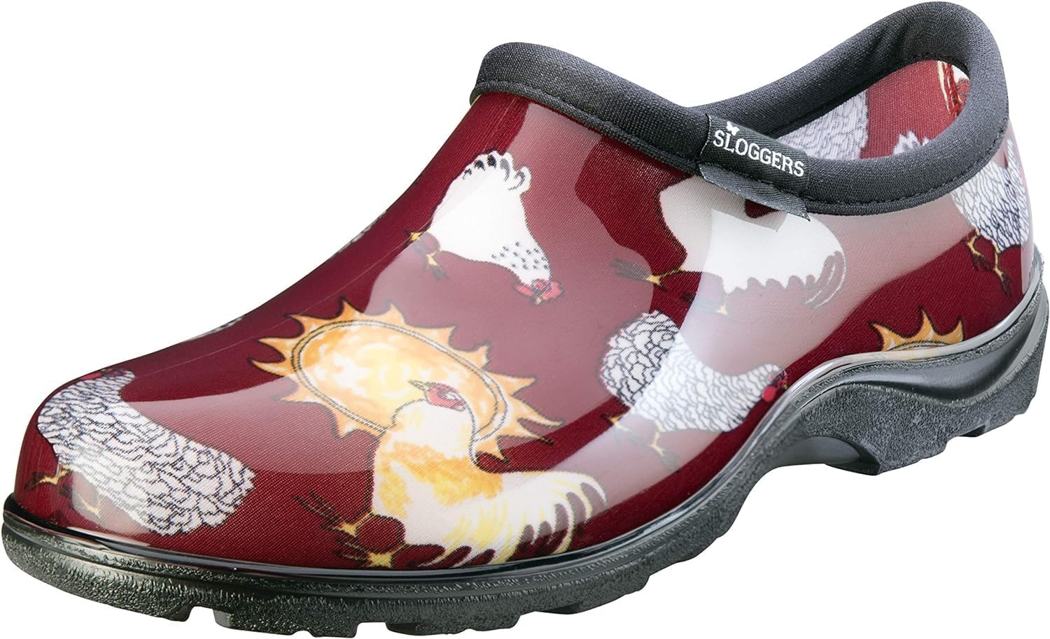Sloggers Original Waterproof Rain and Garden Shoe for Women Outdoor Slip-On Garden Clog - Made in The USA with Premium Comfort Insole and Arch Support - Chicken Print Barn Red, Size 8