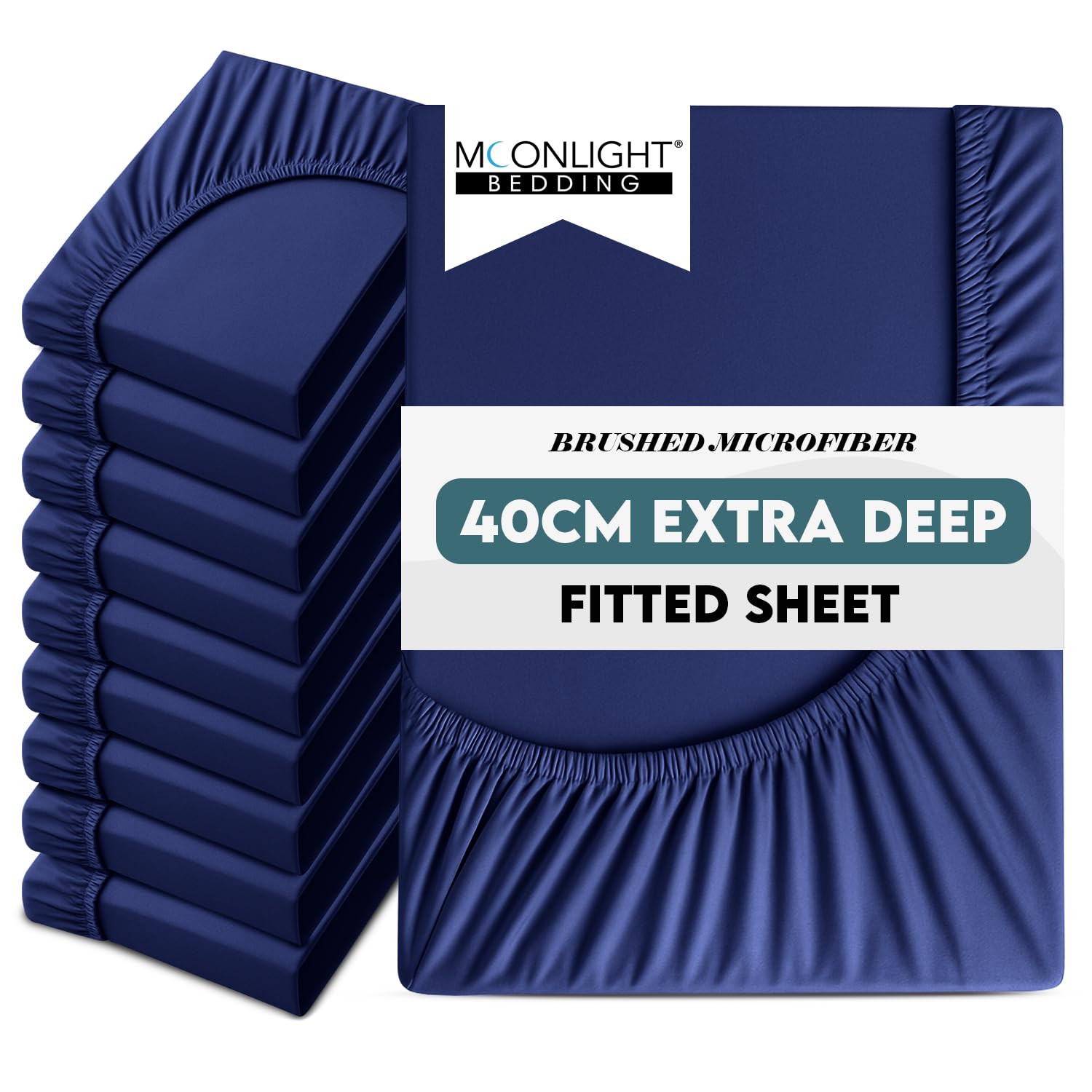 Moonlight Bedding King Size Deep Fitted Sheet 10 Pack 40CM Navy Bedsheet with Elastic Corners 16 Inch Extra Deep Pocket Brushed Microfiber Easy Care Breathable Shrinkage Fade-Resistant โ image 1
