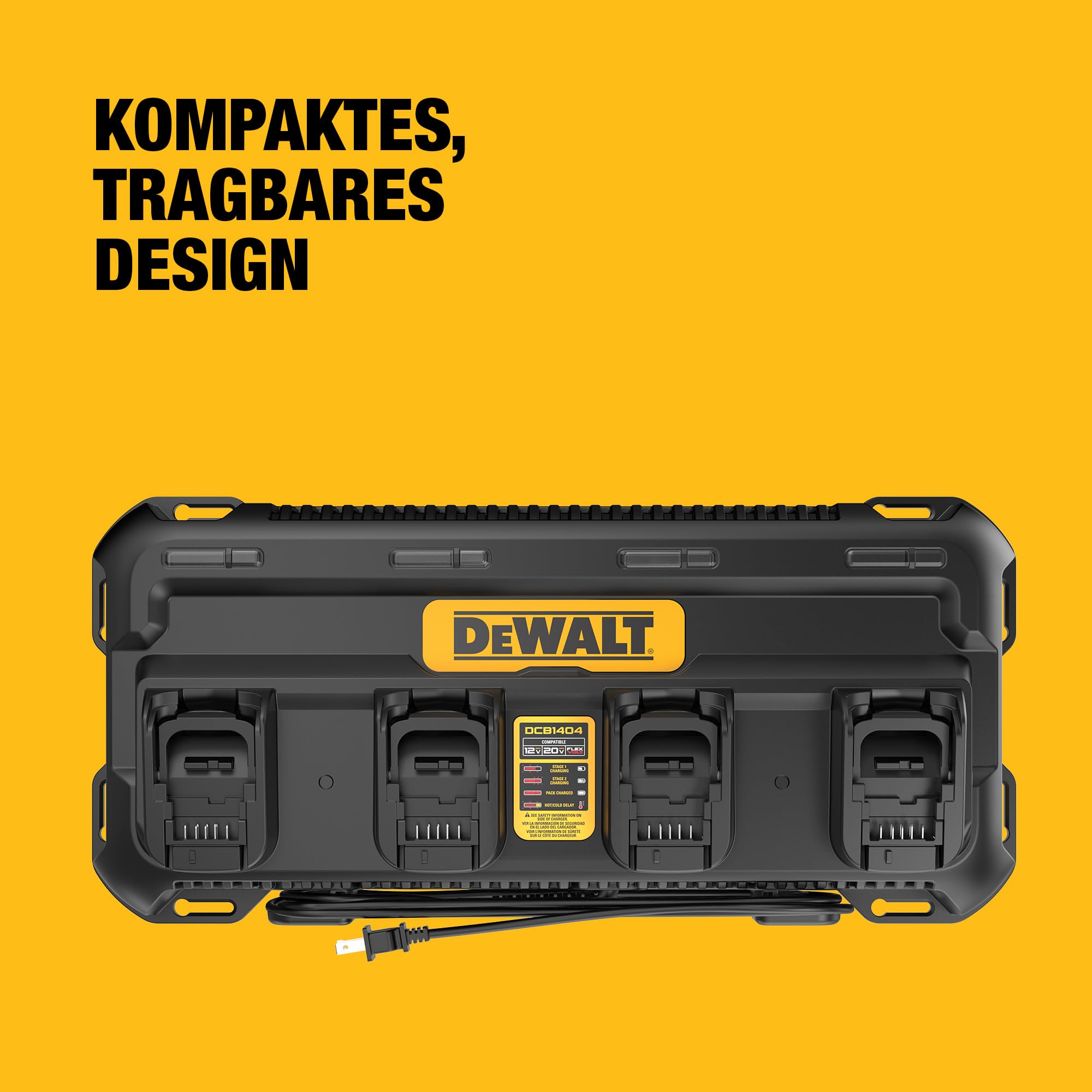 DEWALT XR Quadport-Ladegerät 4A, DCB1404-QW | Quadport-Ladegerät 4A für 4 Akkus 18V XR und 54V FlexVolt mit Lade-LED, Wärmeschutz, Kabelaufwicklung und Wandmontage.