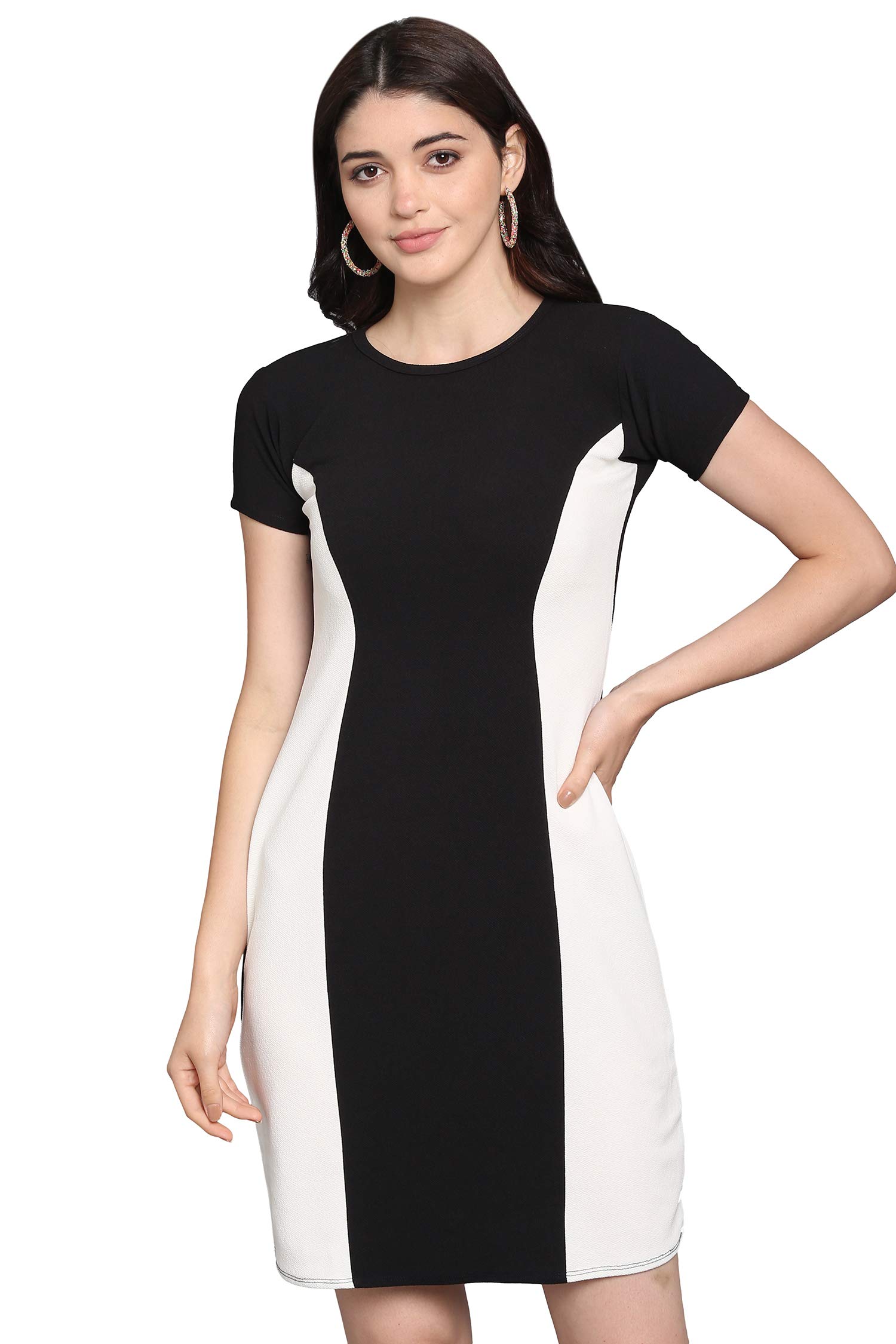 Purvaja Womens Bodycon Knee Length Dress(Lucy-113-Wh-Bl_Black_X-Large)