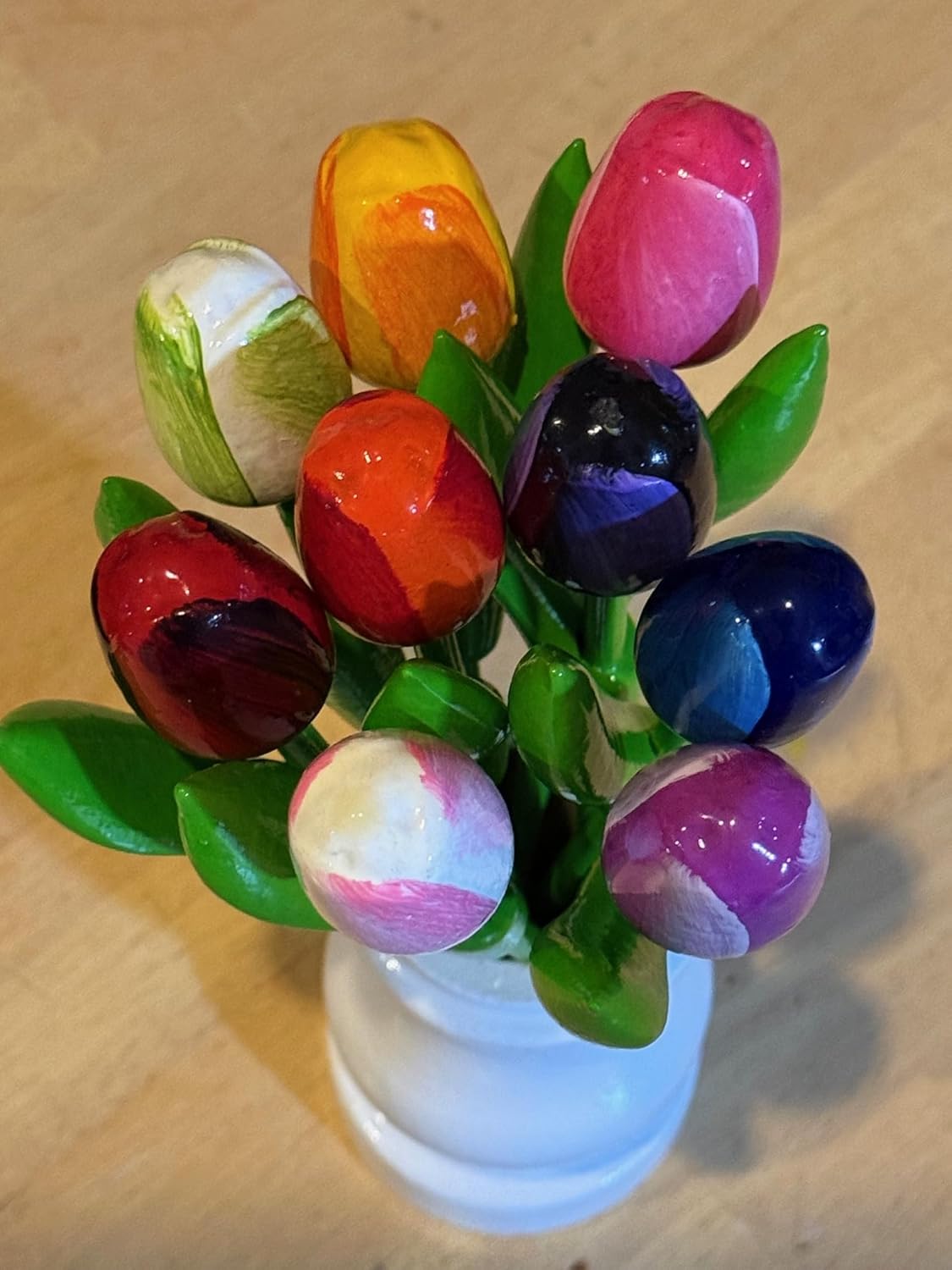 Wooden Tulips from Holland; Mixed Bouquet of 9; Small 7.8 Inch Stems for Vase Decorations Wood Tulips Table Centerpieces for Mother's Day Easter Gifts Crafts Decorations Home Tabletop, Multicolor