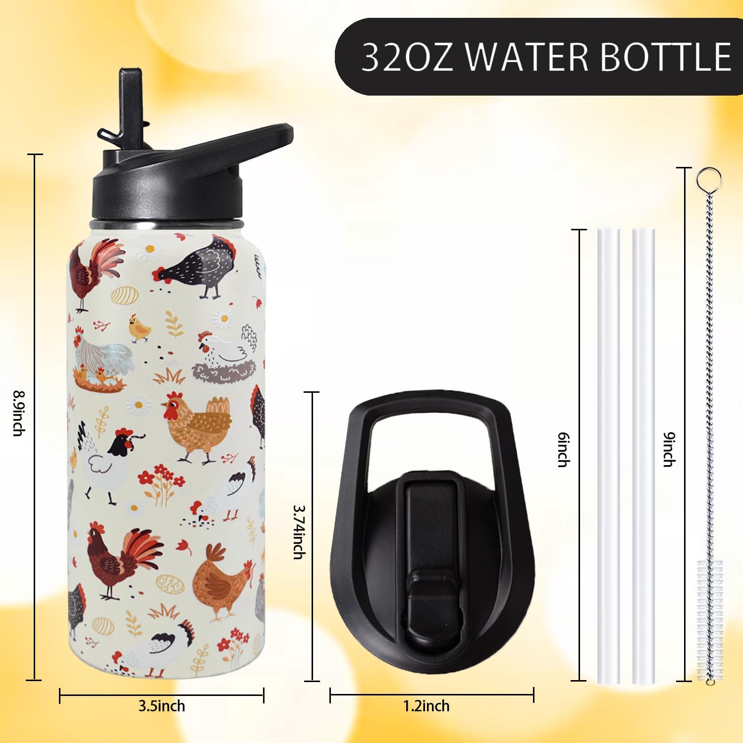 32oz Chicken Stainless Insulated Aater Water Bottle with Straw Gym Hiking Sports Coffee Mug Cup Water Bottles,Chicken Gifts for Women,Chicken Decor Stuff Accessories