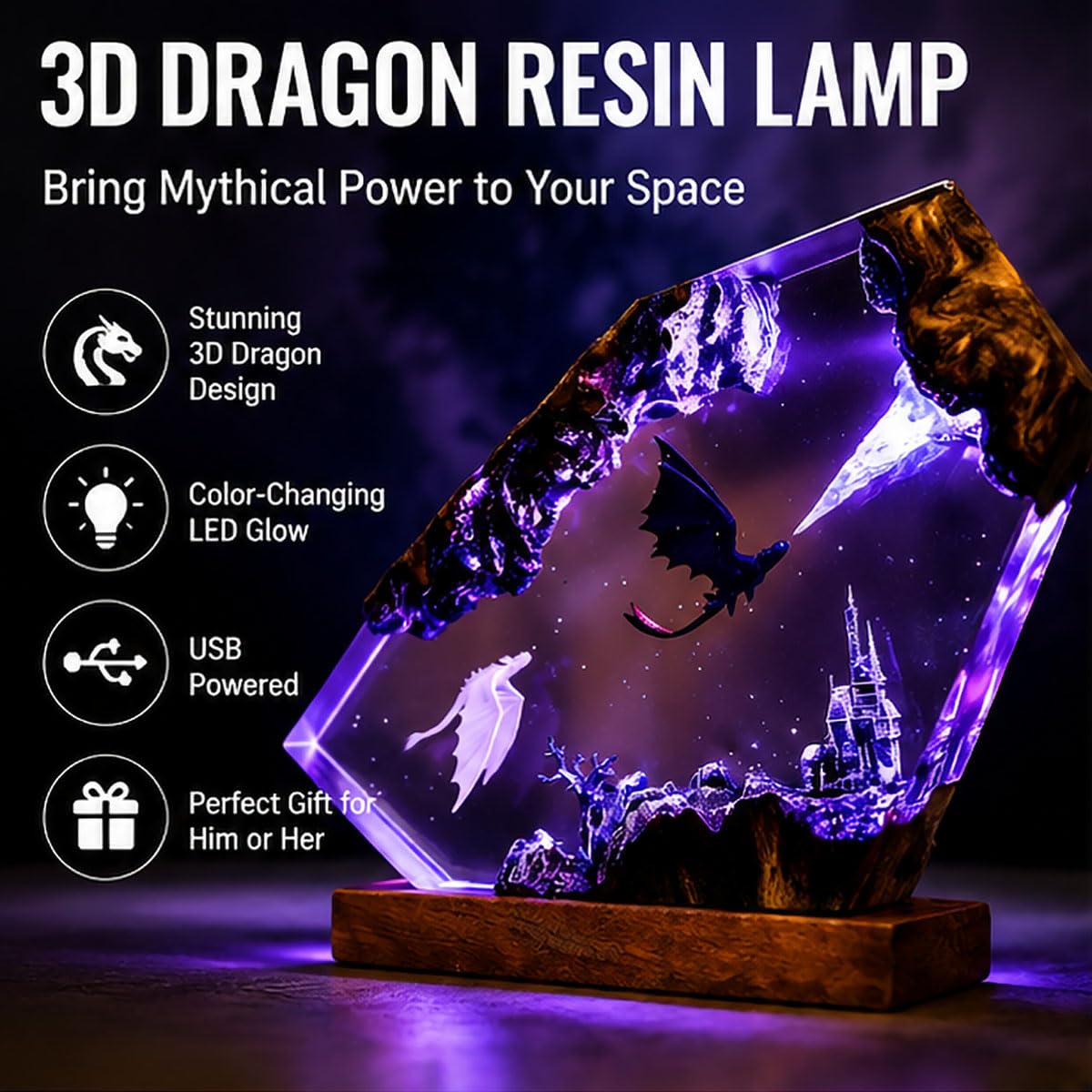 Lampa z żywicy smoka 3D, lampka nocna z żywicy epoksydowej z USB | 7-kolorowa dekoracja LED z kryształkami na biurko w sypialni, ręcznie robiona dla ojca, mężczyzny, męża(15*10cm)