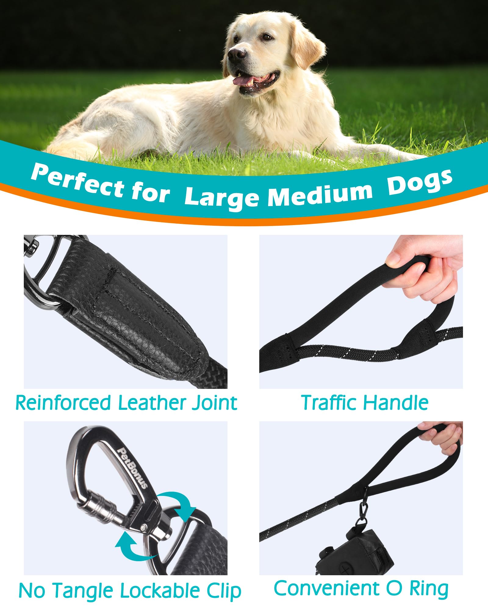 PetBonus Laisse Chien Double Poignée, 1,5m Dressage Robuste avec Mousqueton Verrouillable et 2 Poignées Rembourrées, Réfléchissante pour Chiens Moyens et Grands (Noir)