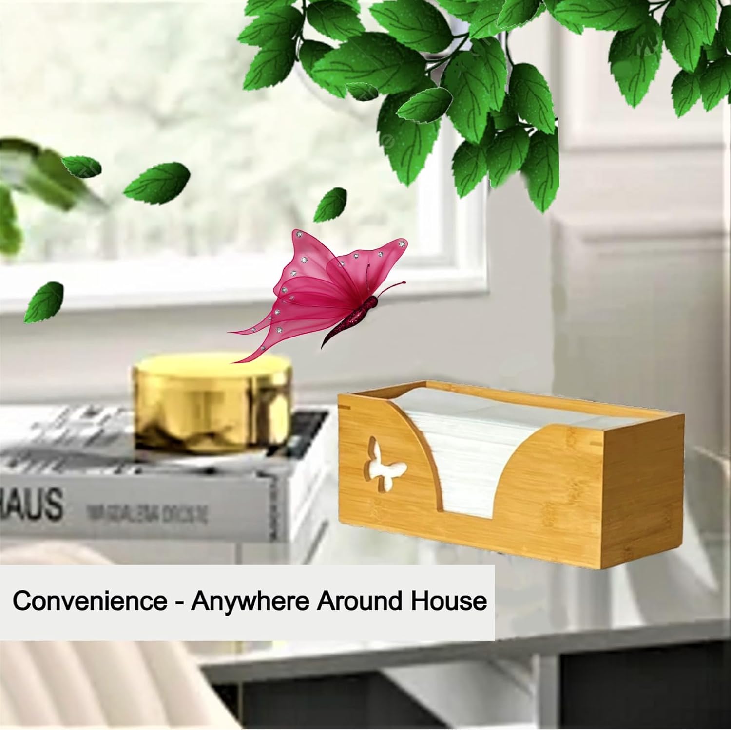 Countertop C-Fold Paper Towel Dispenser with Engraved Butterfly - Compatible with C Fold, Multifold, Trifold & Z Fold Hand Napkins Folded Size 10.5" x 4.0" Or Smaller - Natural Bamboo