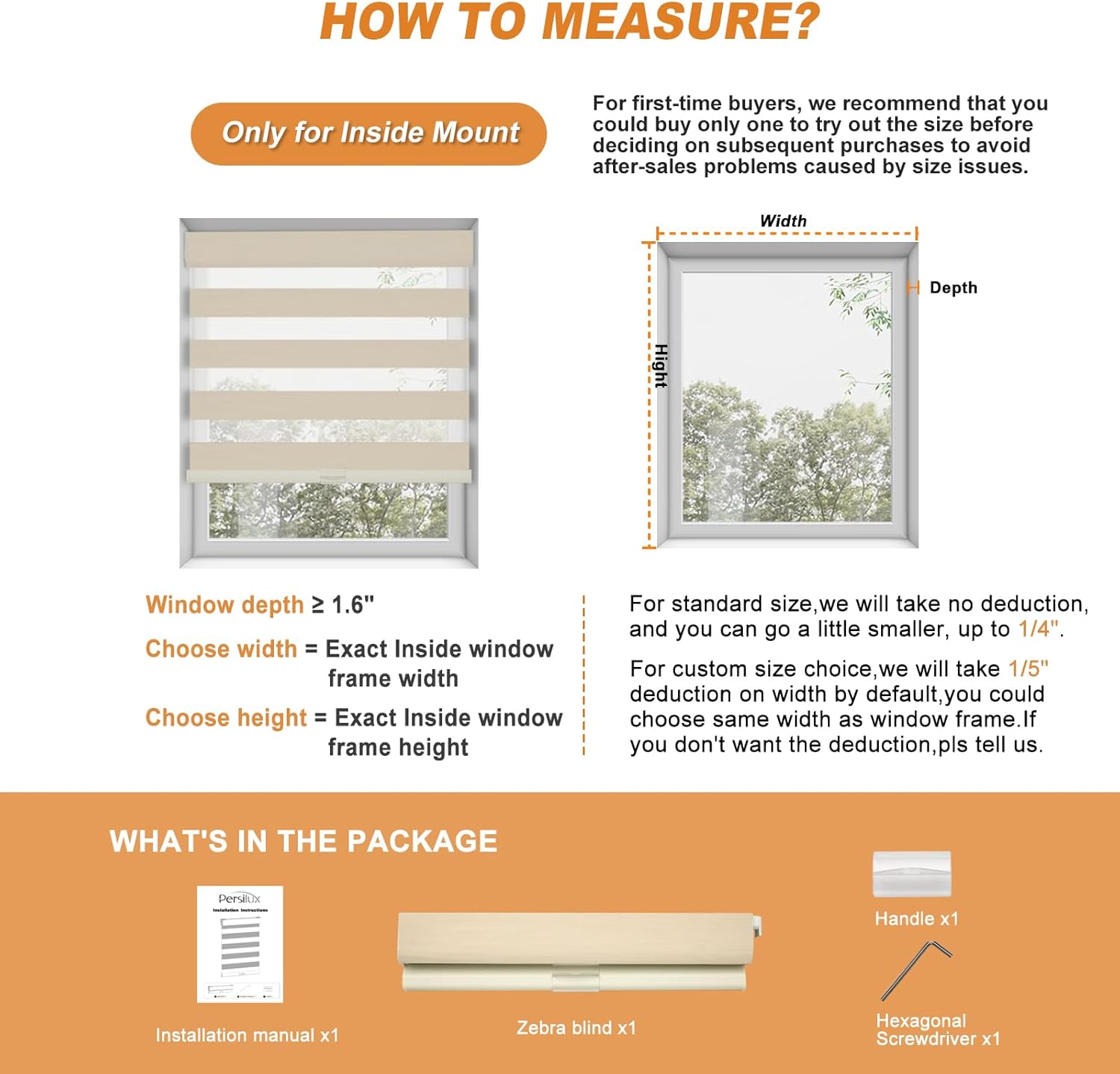 Persilux No Drill No Tool Custom Size Zebra Blind Dual Layer Privacy for Day and Night Window Blinds Light Filtering Cordless Windows Shades for Windows,Easy to Install Thermal Insulated Blinds,Beige