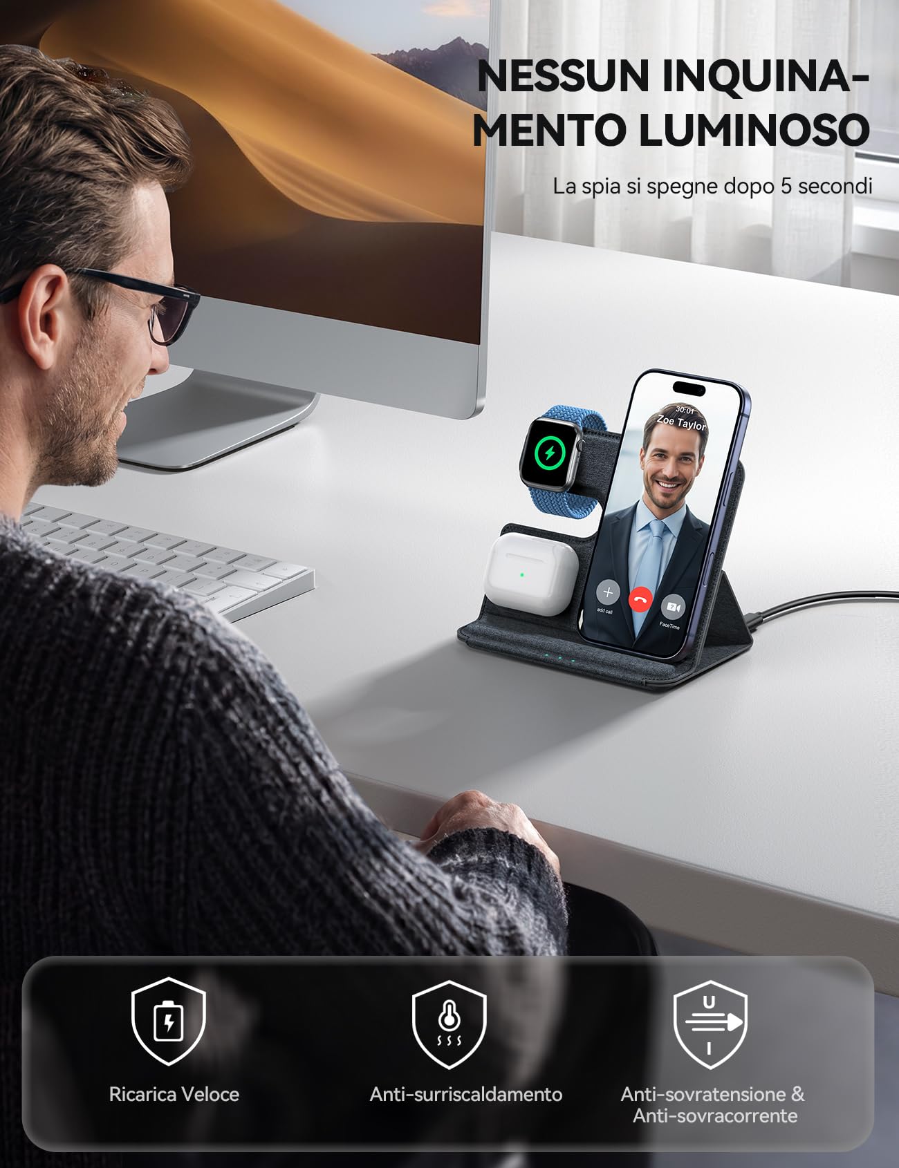 Lamicall 3-IN-1 Caricatore wireless per iPhone, Stazione Ricarica Wireless | [Pelle PU & Pieghevole - 17mm Slim] Caricatore Wireless per MagSafe, Base Ricarica per iPhone 17/16/15 Pro Max AirPods iWatch