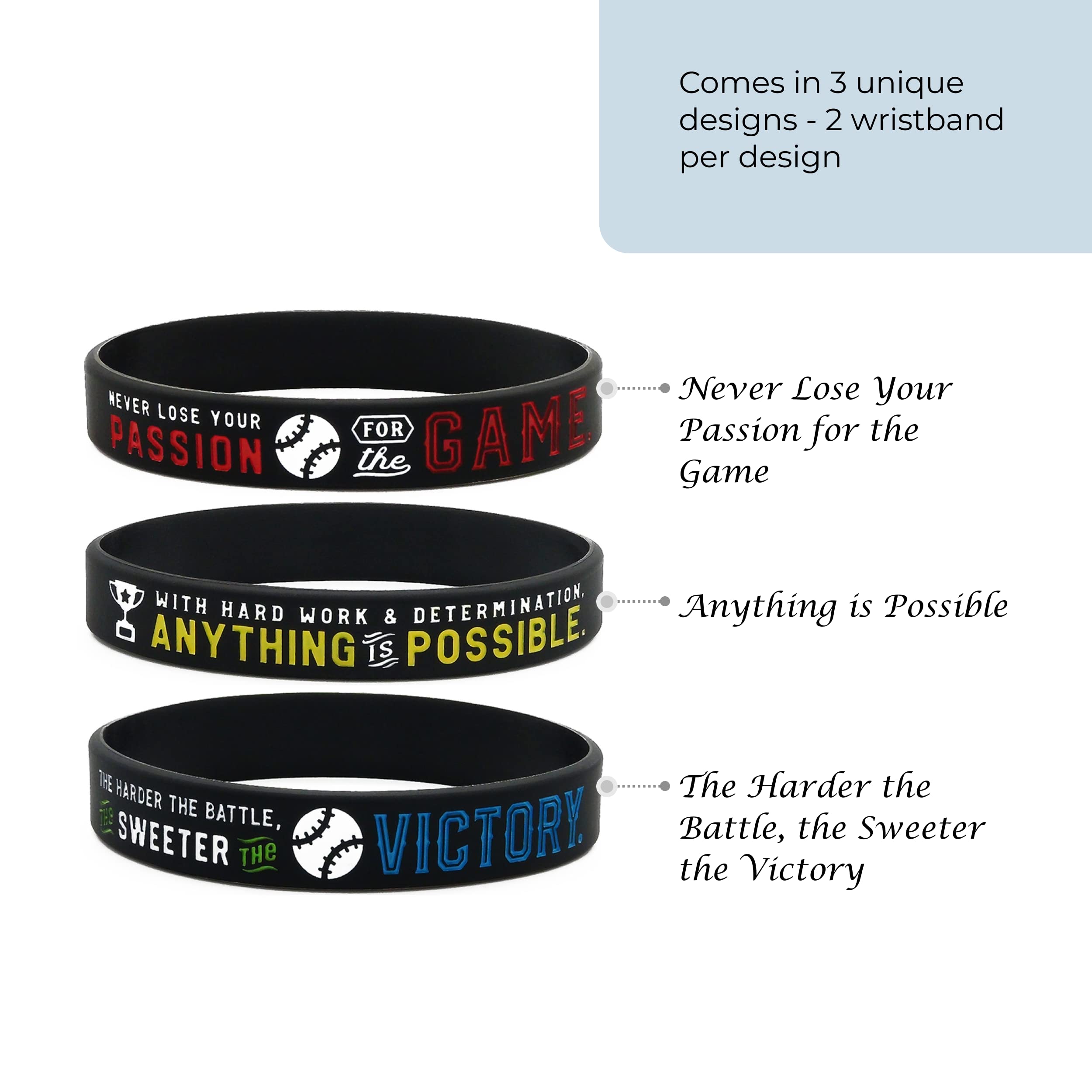 Inkstone Baseball Silicone Wristbands with Motivational Sayings (6-Pack) - Baseball Bracelets Jewelry Gifts