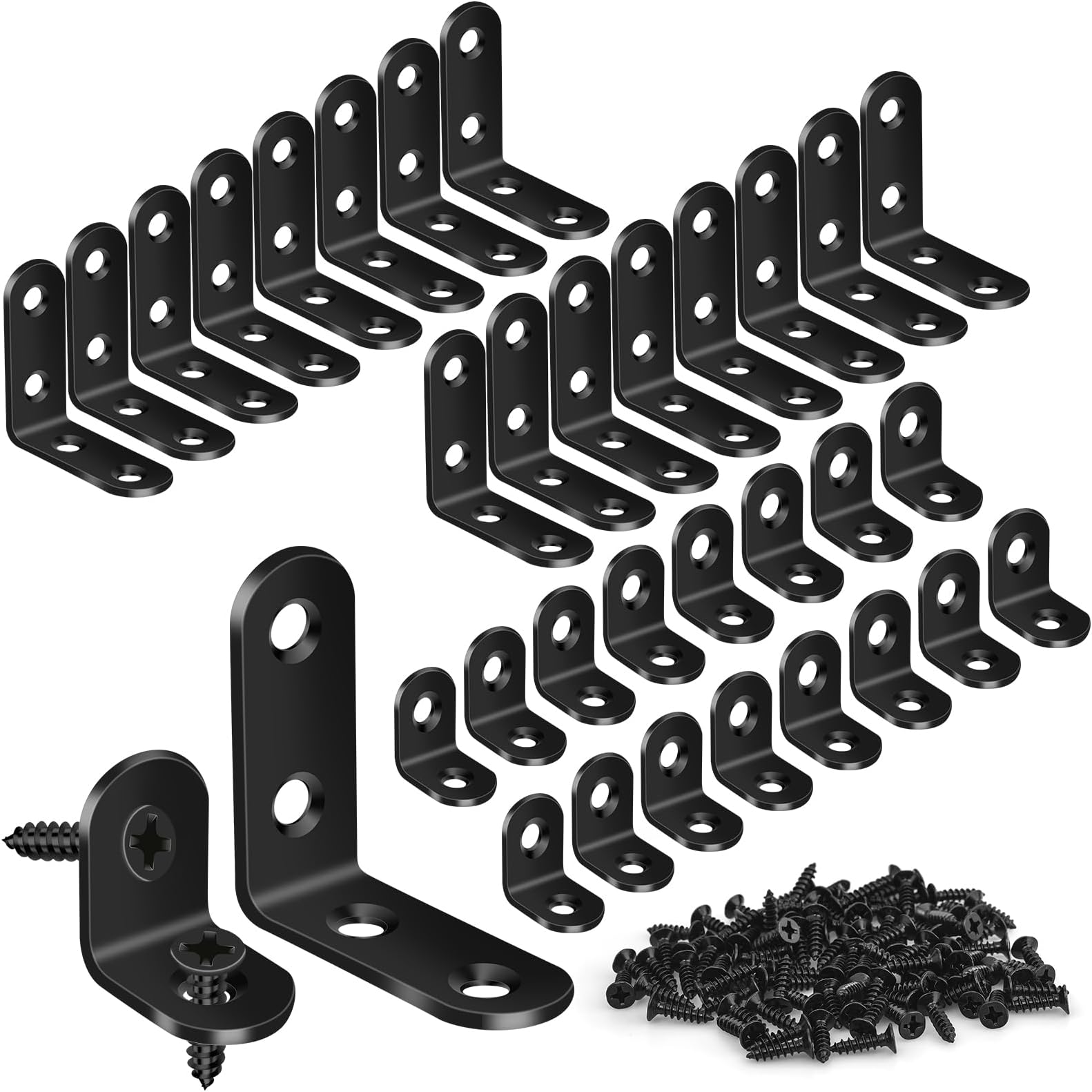 32PCS L Corner Brackets, MAPVOLUT Black Heavy Duty L Brackets for Shelves with 100PCS Screws, Metal Right Angle Shelf Bracket, Metal Corner Brace for Wood Furniture (1.57x1.57in/0.79x0.79in)