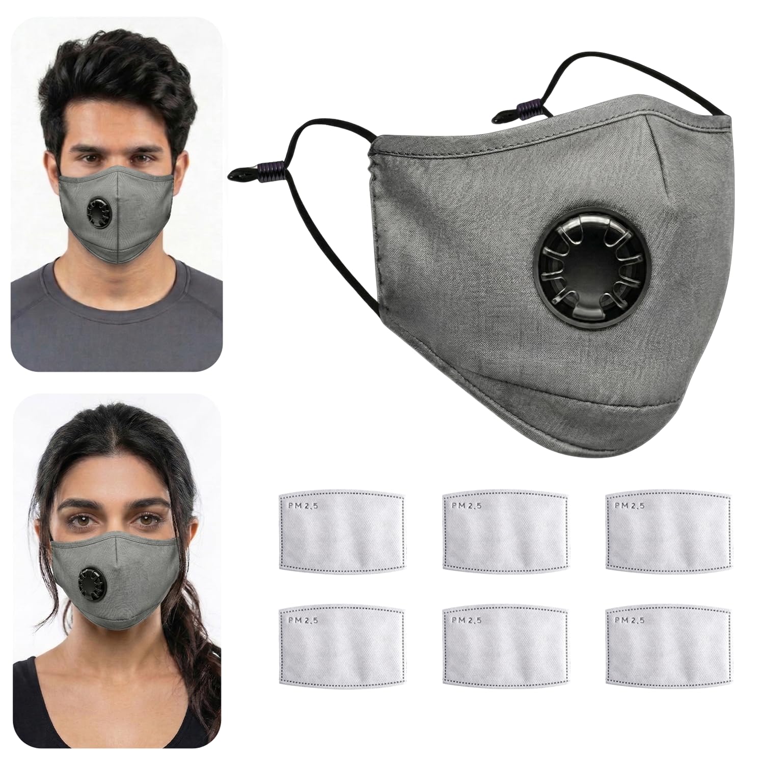 Yugan N99 Anti Pollution Reusable and Washable Face Masks with 6 Replaceable N99 Filters, Unisex, With Valve, Pack of 1 (Grey)