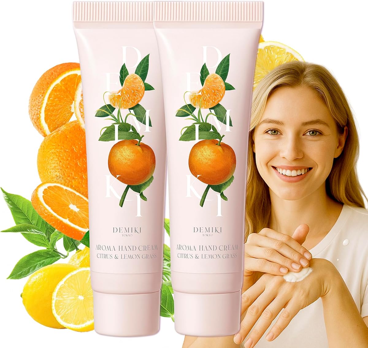 DEMIKI Crema hidratante para manos con manteca de karité botánica, tamaño 1.7 fl.oz x 2 | Aroma a hierba de limón y ámbar, no graso de rápida absorción, con vitamina E, para manos secas, uso diario
