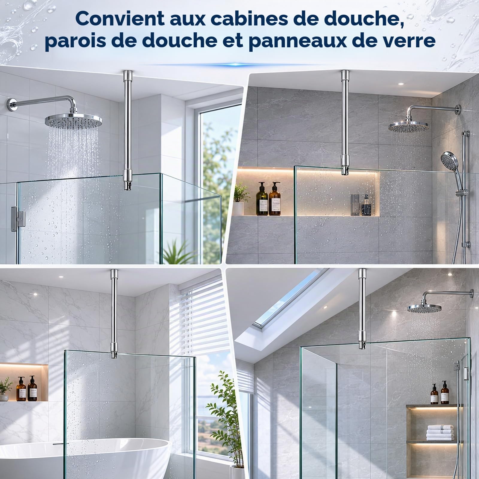 Barre Stabilisation pour Douche, 56 cm Barre Fixation en Acier Inoxydable 304 pour Parois Douche avec Articulation Pivotante à 360° Support pour Paroi Douches pour Verre 6 à 10 mm