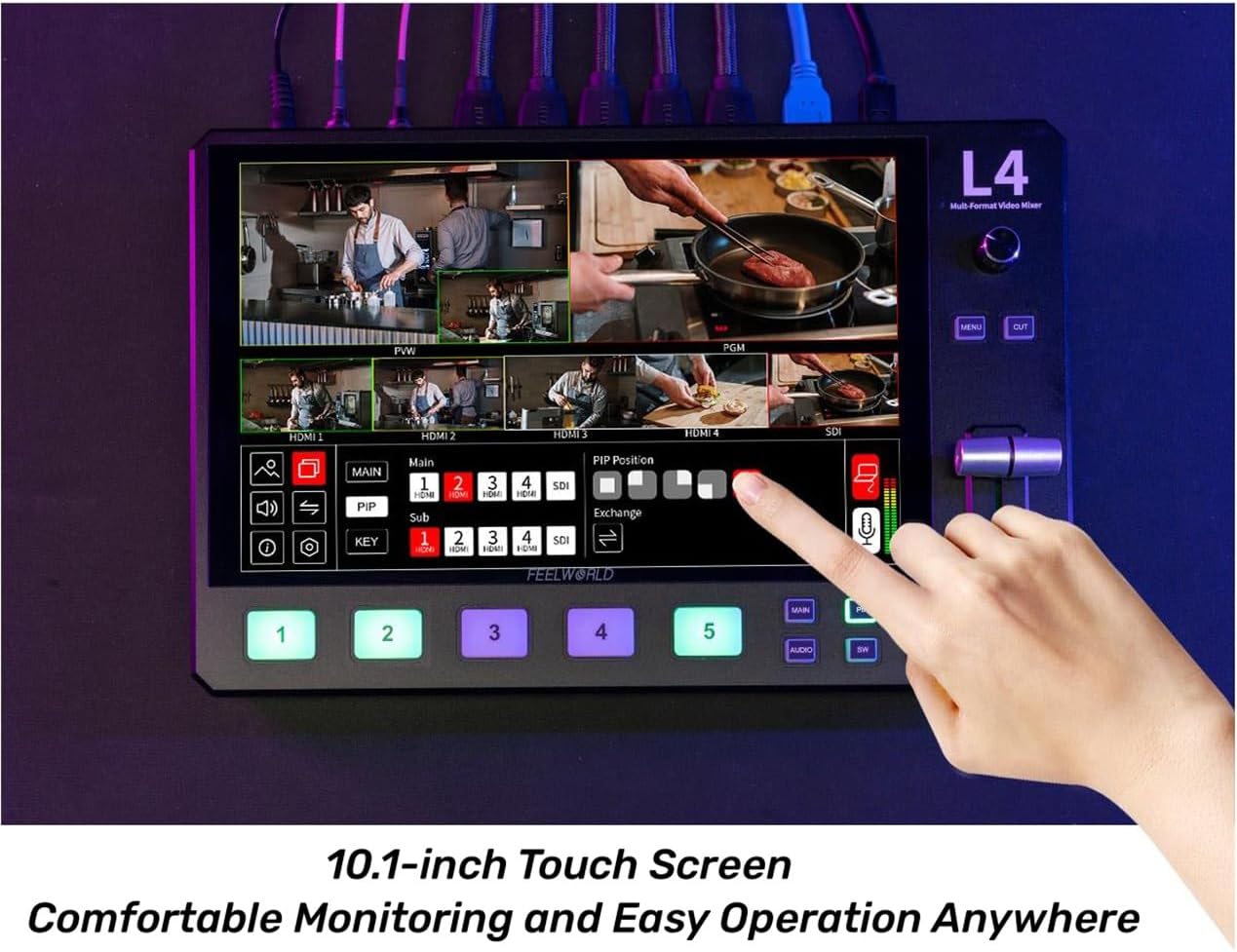 FEELWORLD L4 Multi Camera Video Mixer Switcher with 10.1 Inch Touchscreen Chroma Key 4X HDMI 1x SDI Input USB3.0 Output