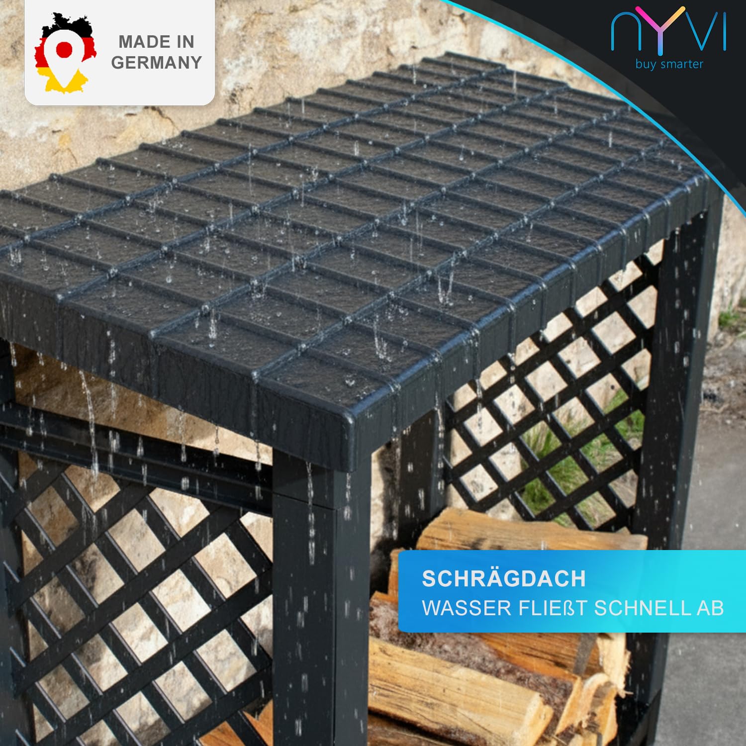 NYVI Kaminholzregal mit Dach & erhöhtem Boden für Außen - Recycelter Kunststoff - Wetterfest, Stabil, Langlebig - Kaminholzunterstand 114x102x47 cm Schwarz Outdoor - einfache Montage ohne Werkzeug