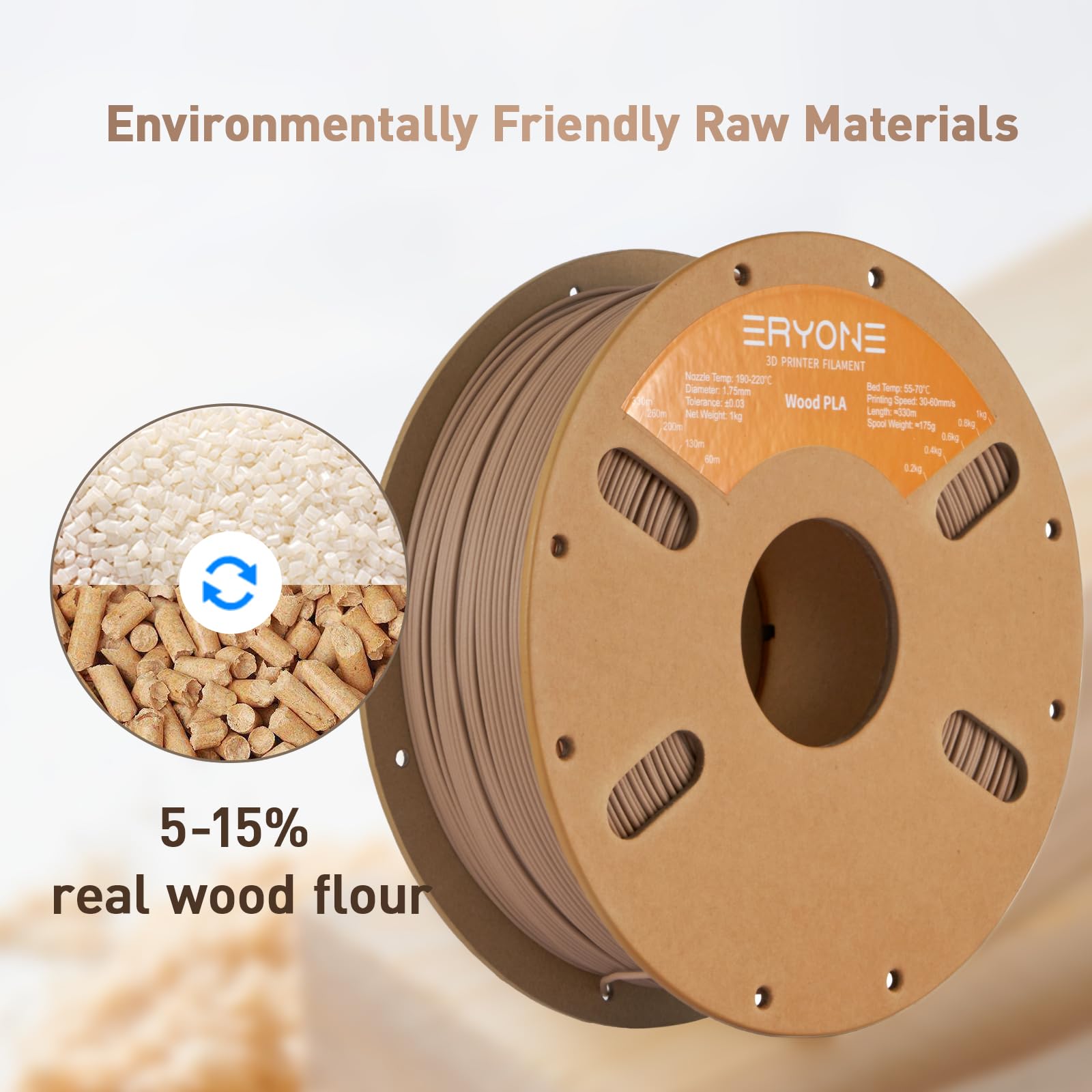 ERYONE Mixed Material PLA Filament 1.75mm +/- 0.03mm, 1kg Spool (2.2LBS) 3D Printer Filament, Wood PLA, Dark Wood