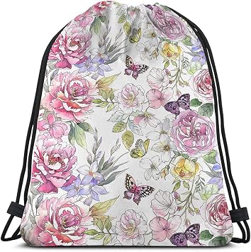 Peonies Drawstring Bags Backpack Bag Summer Spring Watercolor Flower Roses Butterflies Green Leaf Colorful Sport Gym Sack Drawstring Bag String Bag Yoga Bag for Men Women