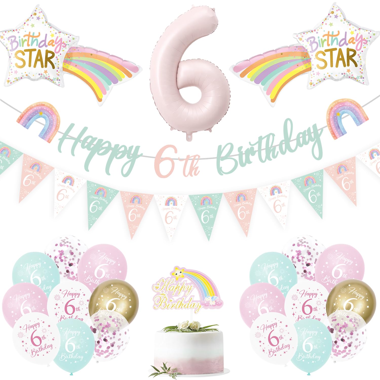 6th Birthday Decorations Girls, 6th Birthday Balloons For Girls, Green/Pink Decorations Set With Rainbow Balloons, Banner, Foil Number 6 Balloon
