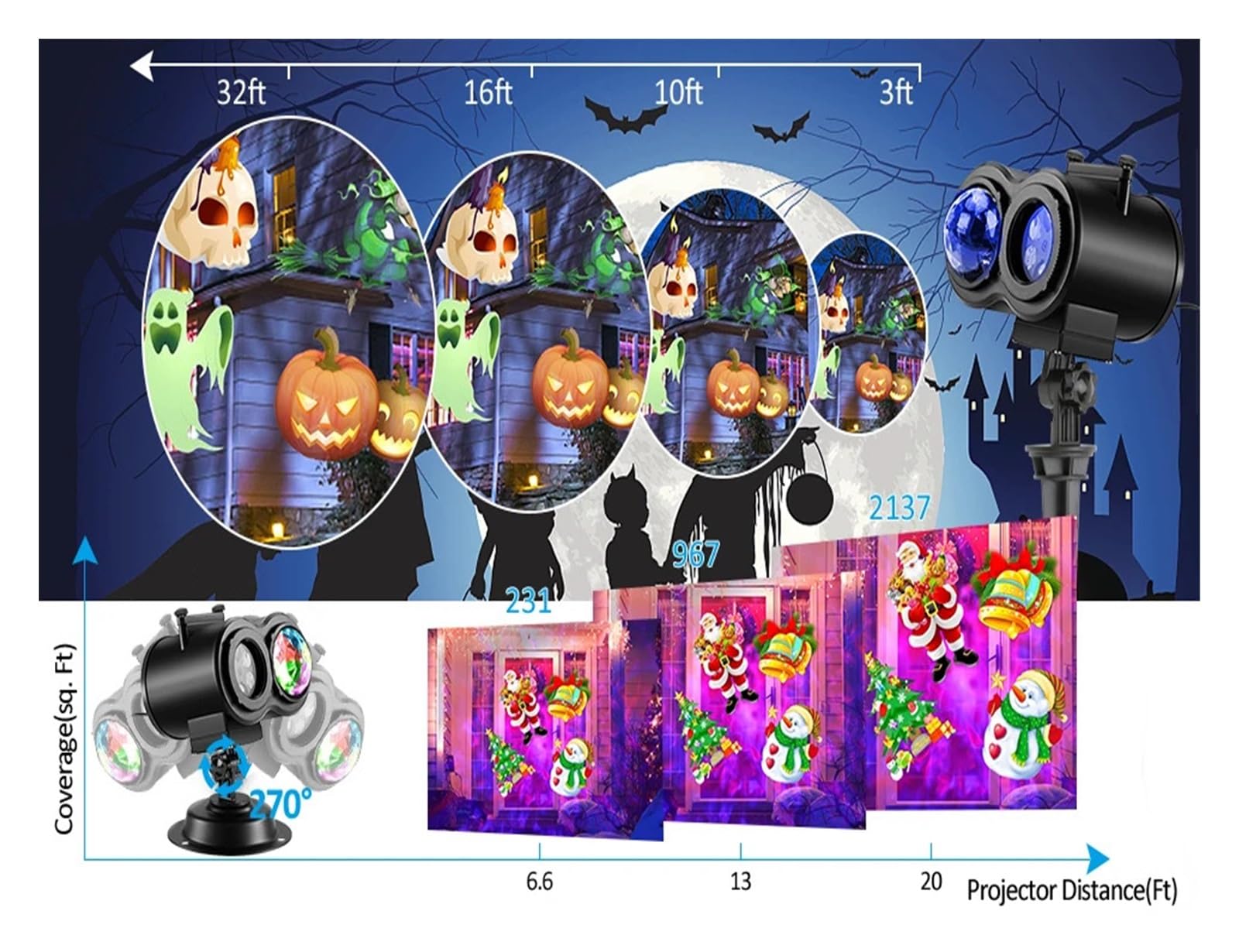 Projektor Światła Zewnętrzny, 1 szt. Jaśniejsze dekoracje na Halloween Światła projektora i boże narodzenie na zewnątrz, aktualizacja 16 efektów HD (fale i wzory 3D) Na Świąteczny Projektor Domowy Pok