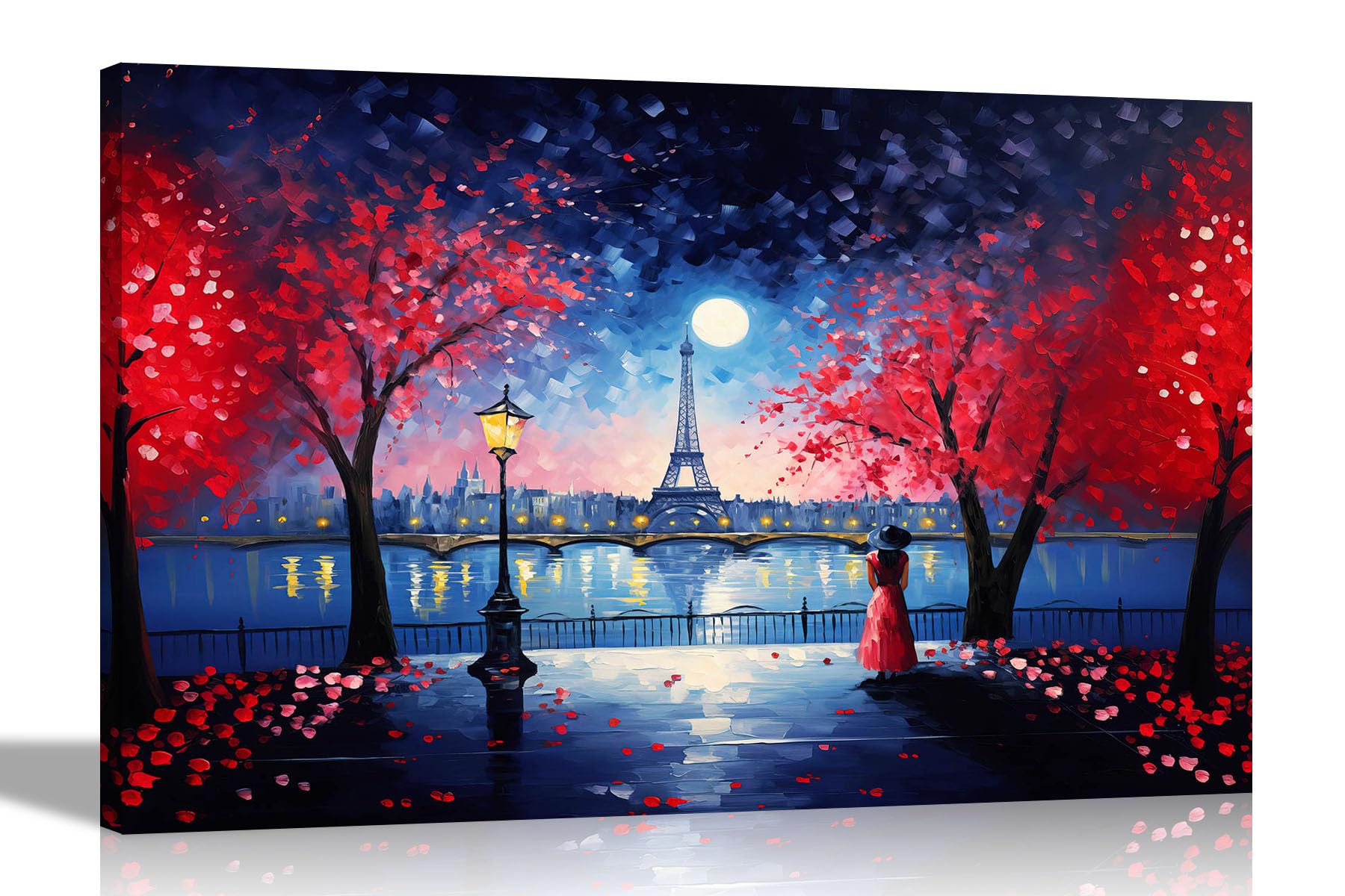 Artley Prints Red - Moonlight Eiffel Tower Canvas Pictures For Wall | Abstract Art In Living Room, Bedroom Prints 51 X 35Cm (20 X 14 Inches)