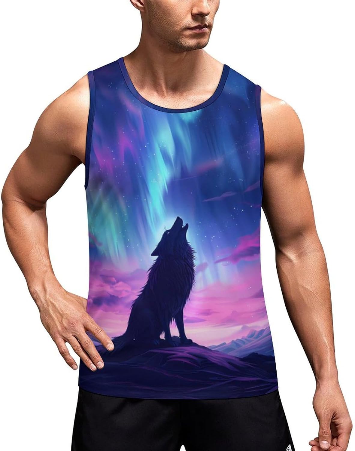 Northern Lights Wolf Men's Tank Top Sleeveless Muscle Shirts Vest Beach T Shirts for Workout Gym