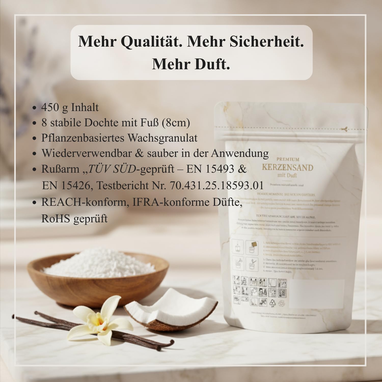 Premium Kerzensand Vanille Kokosnuss 450 g, Duftkerzen-Sand beige inkl. 8 Dochte, pflanzenbasiertes, rußarmes Vanilla Coconut Duft Wachsgranulat, speziell geprüfte Qualität für saubere Raumluft
