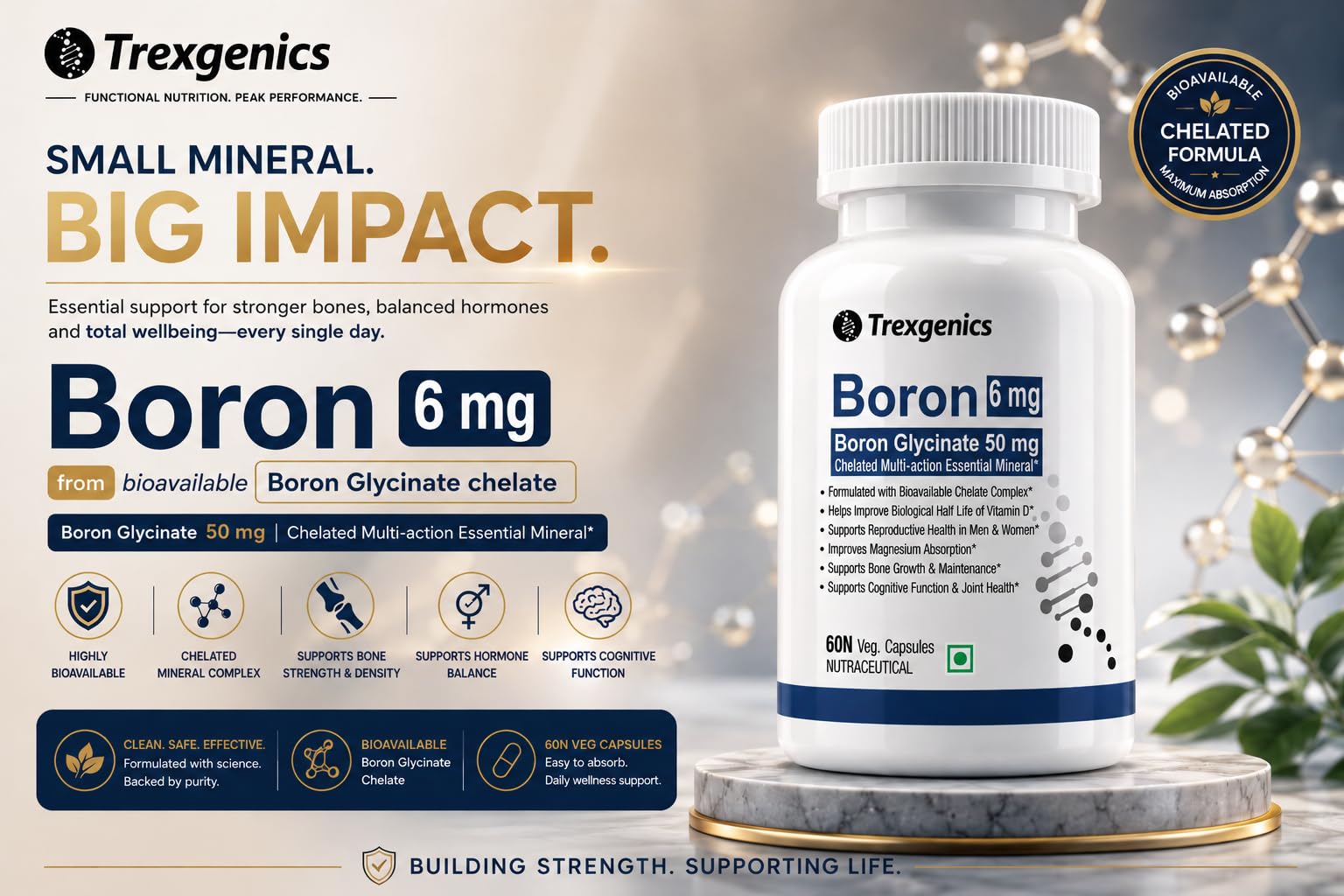 Trexgenics Boron 6 mg from Boron Glycinate 50 mg Multi-action Mineral, Bone, Cognitive Function & Joint Health (60 Veg Capsules) 1