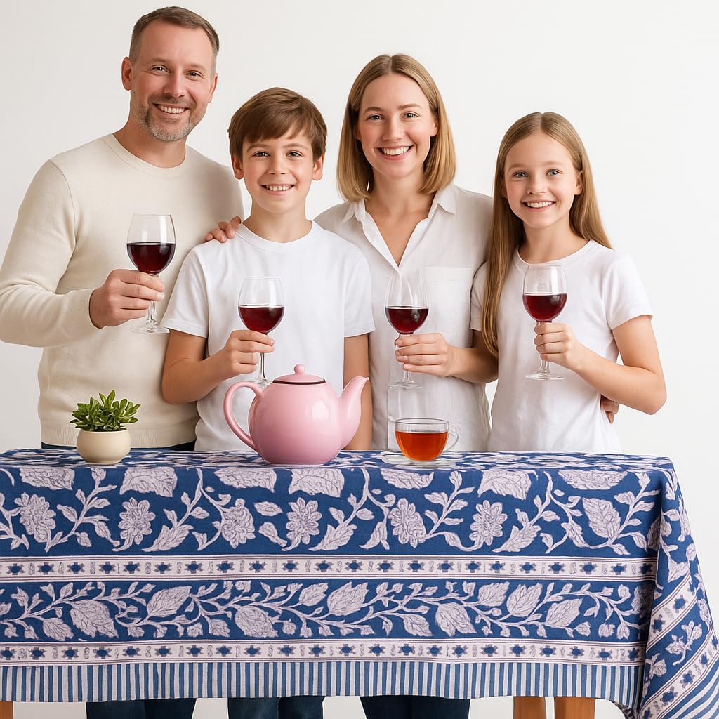 60’’X90” Blue Floral 100% Cotton Hand Block Print Tablecloth, Rectangle Washable Table Cover - Dining, Parties, Outdoors, Weddings, Thanksgiving, Christmas Parties Decor, Dining Party Buffet