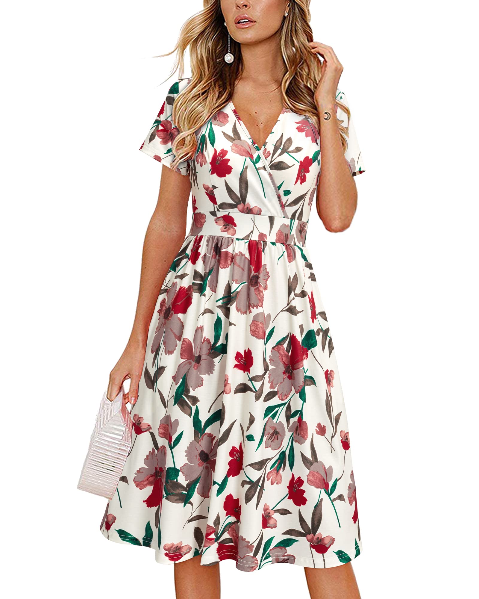 VOTEPRETTY Sommerkleid Damen Knielang Kleid Sommer V Ausschnitt Wickelkleid Kurzarm Midikleid mit Taschen