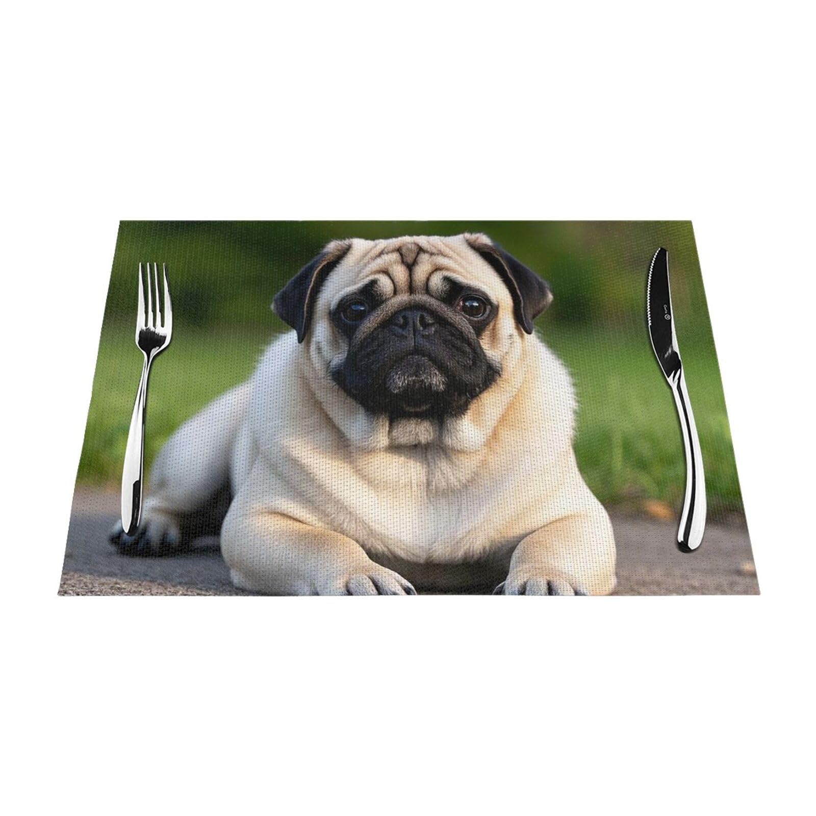 Pug Placemats Set of 1 - Woven Vinyl Kitchen Table Placemats - Heat Resistant Non-Slip Place Mats for Dining Table, Washable Indoor Outdoor Table Mats 12x18 Inch