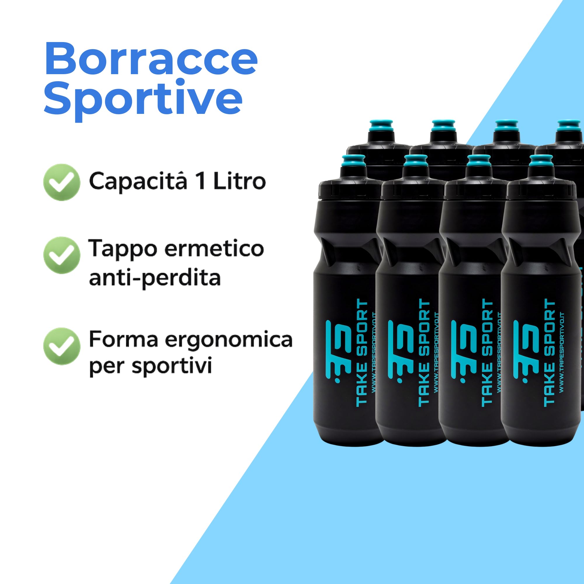 TS TAKE SPORT -Sportflasche 1 Liter aus lebensmittelechtem PP 8 Stück – Wasserflasche Fitnessstudio mit luftdichtem auslaufsicherem Deckel – Trinkflasche für Laufen, Radfahren und Team Sport