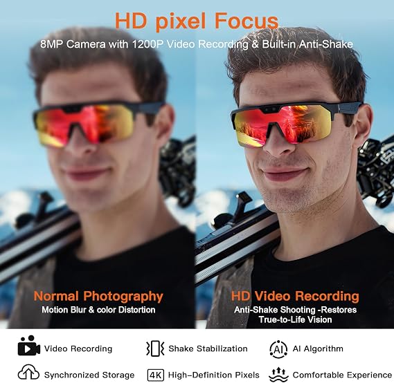 AI Smart Glasses with Camera 4K, 8MP HD POV Video Recording Glasses, Built-in Storage (No SD Card Needed), Sport Audio Glasses & Bluetooth Sunglasses for Outdoor Sports Cycling/Skiing(Black/Orange)