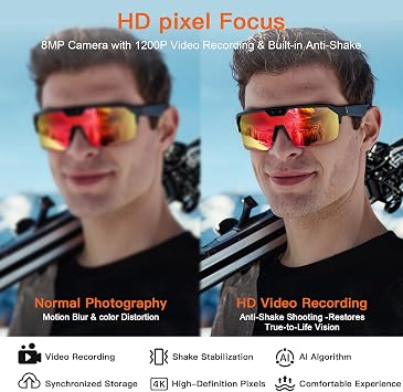 AI Smart Glasses with Camera 4K, 8MP HD POV Video Recording Glasses, Built-in Storage (No SD Card Needed), Sport Audio Glasses & Bluetooth Sunglasses for Outdoor Sports Cycling/Skiing(Black/Orange)