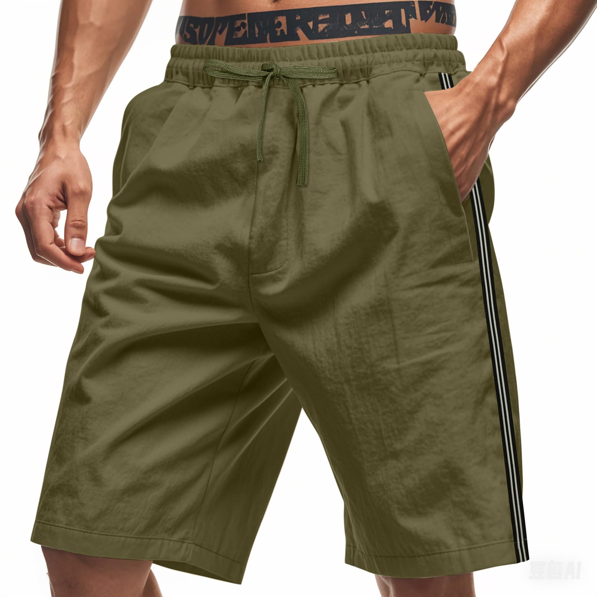Mens Casual Bermuda Shorts Summer Fashion Classic Drawstring Waisted Workout Gym Solid Color Beach Shorts Pockets