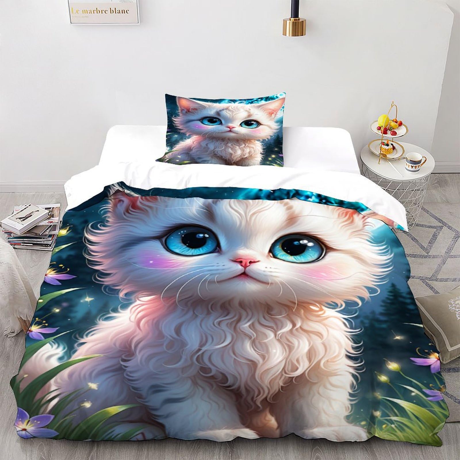Housse de couette 2 pièces animal theme chat blanc couvre-lit 135x200