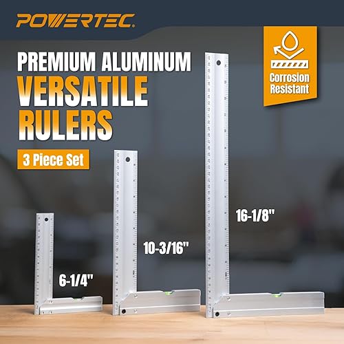 Vista 2 de POWERTEC L Square 3 piezas, prueba cuadrada, herramientas de medición de 90 grados con niveles de burbujas, cuadrado de maquinista para valla